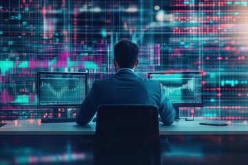 Poster - A financial analyst at a desk surrounded by charts and monitors, vibrant screen reflections, highcontrast lighting, lowangle shot