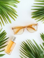 Poster - Stylish sunglasses and sunscreen bottle are arranged with tropical leaves, representing summer vibes and sun protection for carefree days. Generative AI