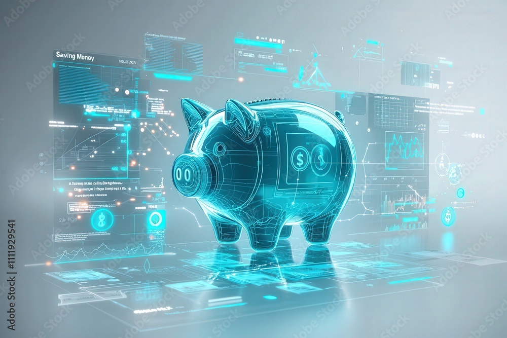 A futuristic piggy bank design appears surrounded by holographic financial charts and data. It symbolizes saving money and investment strategies in a high-tech environment.