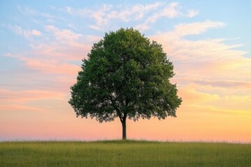 Aufkleber - A solitary tree rises in an expansive field as a stunning sunset paints the sky, creating a peaceful atmosphere with plenty of blank space. Generative AI