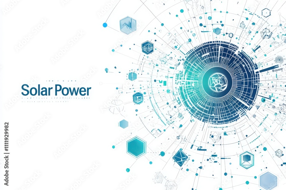 A graphic design showcases the concept of solar power, featuring interconnected lines, geometric shapes, and icons. This artwork highlights the significance of renewable energy.