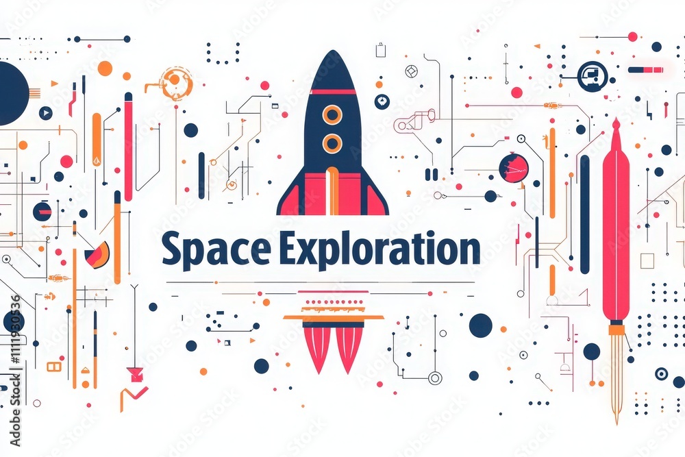 A vibrant design showcases a rocket surrounded by abstract shapes and lines, symbolizing technology and innovation in space exploration. The artwork conveys a sense of adventure and discovery.