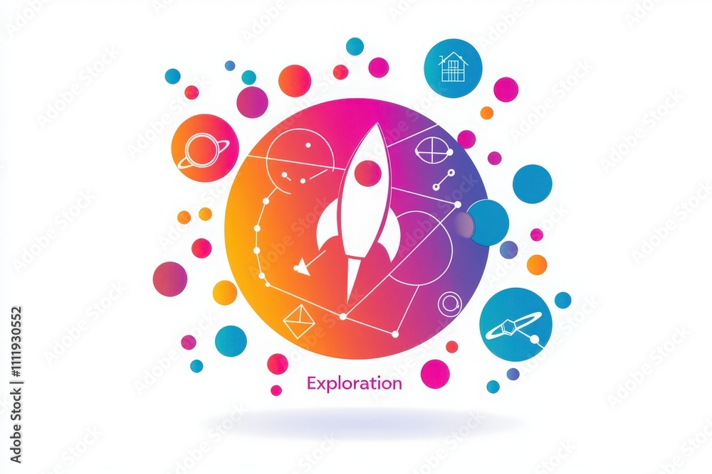 A modern design features a rocket symbolizing exploration amidst vibrant circles and geometric shapes. The colors blend to evoke excitement and curiosity, perfect for educational themes.