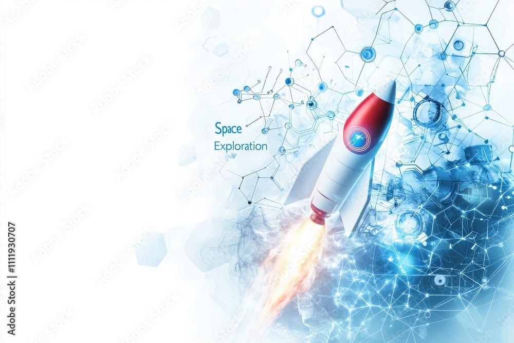 A rocket takes off against a backdrop of digital elements, symbolizing the theme of space exploration and technological advancement. The dynamic flames add a sense of motion and energy.