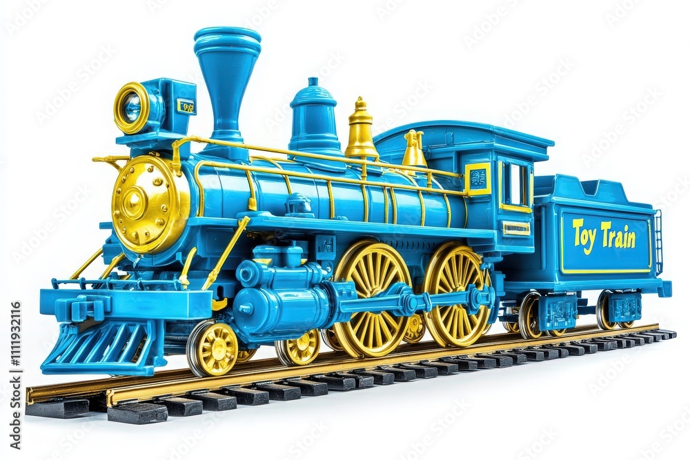 A colorful toy train features a striking blue and gold design, showcasing intricate details and realistic elements. It is set on tracks, perfect for imaginative playtime.