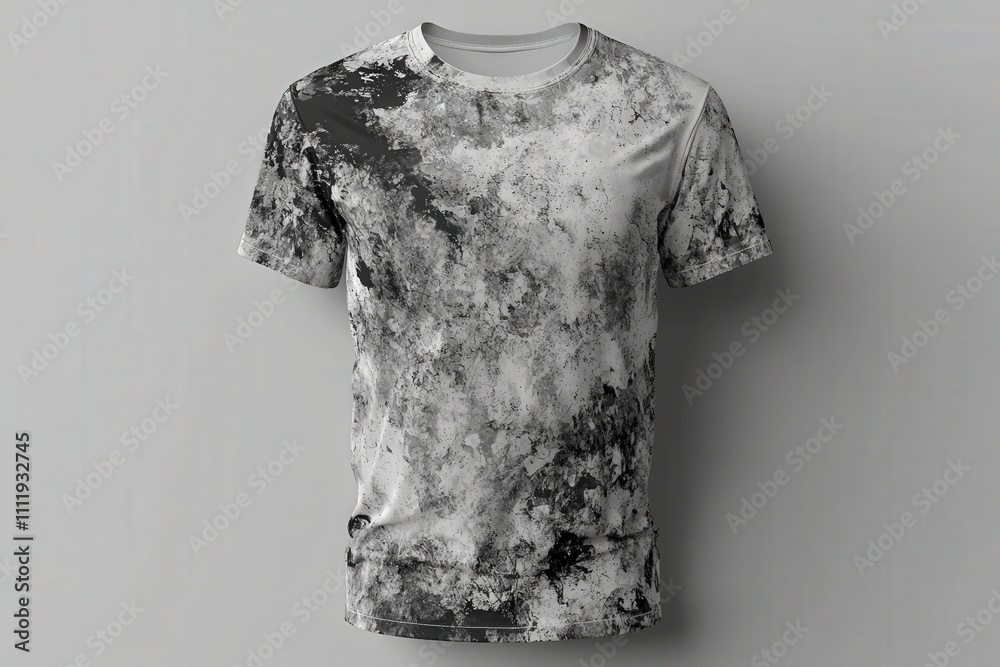 A fashionable t-shirt featuring an abstract black and white pattern is positioned on a neutral background. The unique design is perfect for casual outings and enhances personal style.