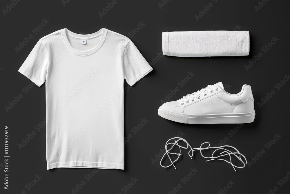 A neatly arranged set of white casual clothing includes a t-shirt, a pair of sneakers, and a headband. The items are placed on a dark background, highlighting their clean design.