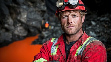 Wall Mural - Confident Miner  Hard Hat  Mining Industry  Underground  Red Uniform  Orange Background  O