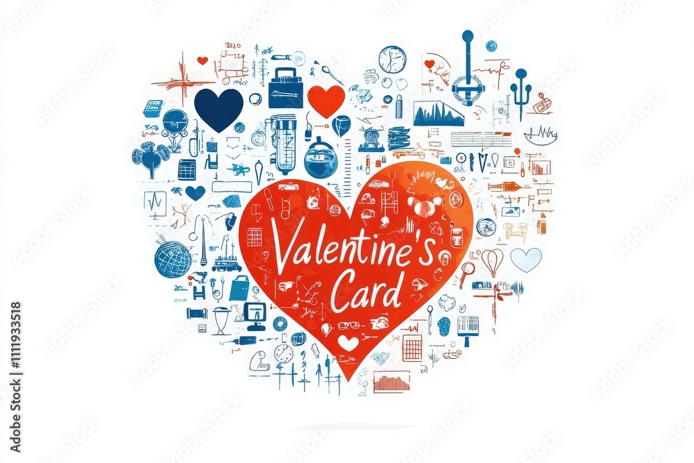 A colorful design showcases a large red heart at the center, filled with various medical symbols and tools, embodying a unique Valentine card concept perfect for health professionals.