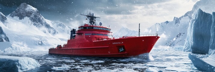 Aufkleber - A robust red icebreaker maneuvering through icy polar waters surrounded by majestic glaciers during early morning light. Generative AI