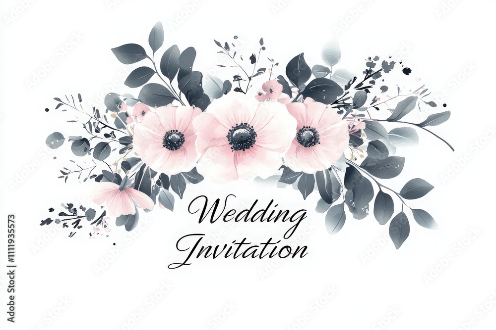 Delicate floral arrangement showcases pink flowers and green leaves surrounding the text for a wedding invitation, offering an elegant and romantic touch perfect for celebratory events.