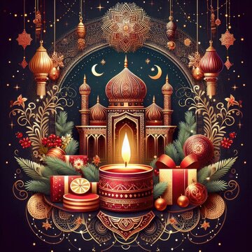 Christmas greeting card in Indian style. Poster, banner and social media template. elegant concept design. 