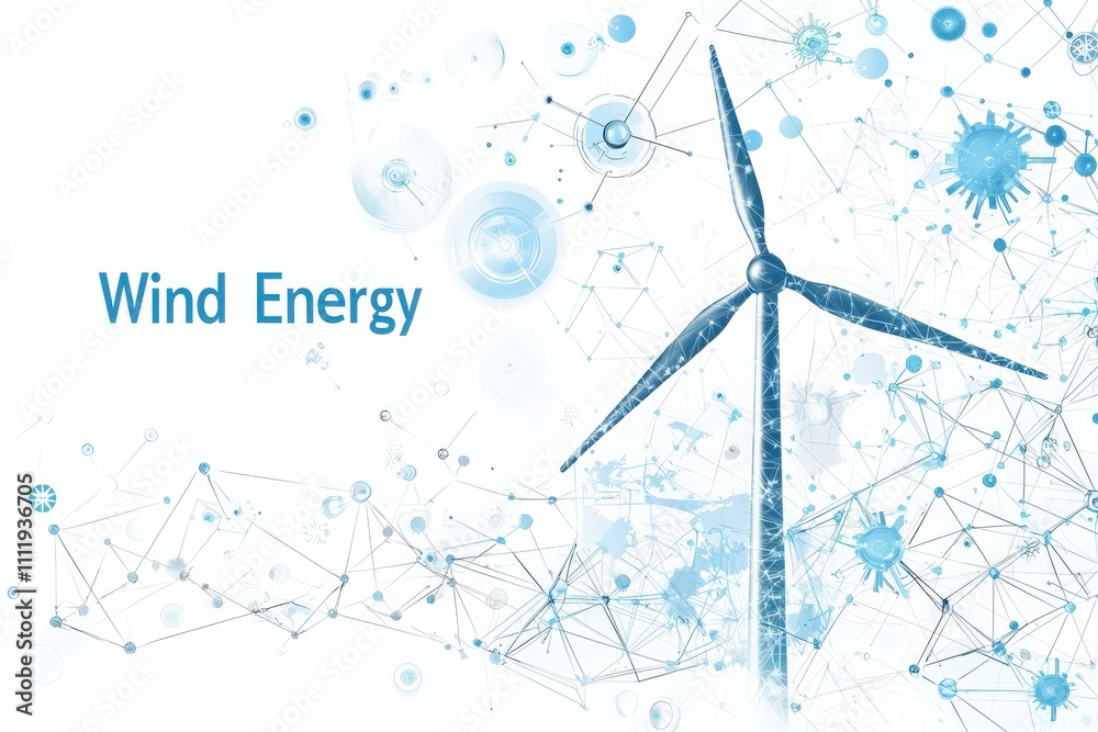 A modern wind turbine stands prominently, surrounded by abstract technology graphics representing innovation and sustainability. The image conveys the importance of renewable energy.