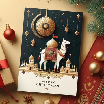 Christmas greeting card in Indian style. Poster, banner and social media template. elegant concept design. 