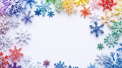Aufkleber - Vibrant snowflakes in various colors create a unique frame, featuring intricate designs and ample space for text or creativity. Generative AI