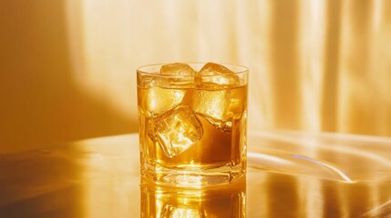 Poster - Glass of Whiskey with Ice Cubes on a Bright Background