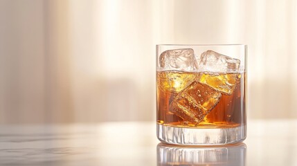 Poster - Glass of Cold Drink with Ice Cubes on Marble Surface