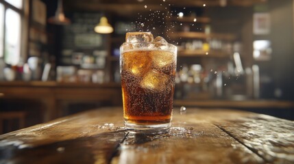 Poster - Refreshing Cold Drink With Ice Cubes Splashing In Bar Setting