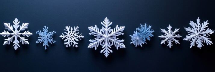 Leinwandbilder - Delicate handcrafted paper snowflakes in various designs rest on a dark surface, offering ample blank space for personal notes or messages. Generative AI