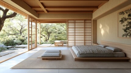 Aufkleber - Serene Japanese Minimalist Bedroom with Natural Garden View