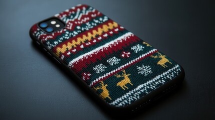 Aufkleber - A sleek mobile phone case with a cozy Christmas sweater pattern, showcasing reindeer, snowflakes, and rows of holiday-inspired designs.