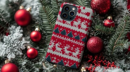 Aufkleber - A sleek mobile phone case with a cozy Christmas sweater pattern, showcasing reindeer, snowflakes, and rows of holiday-inspired designs.