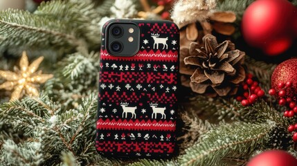 Aufkleber - A sleek mobile phone case with a cozy Christmas sweater pattern, showcasing reindeer, snowflakes, and rows of holiday-inspired designs.