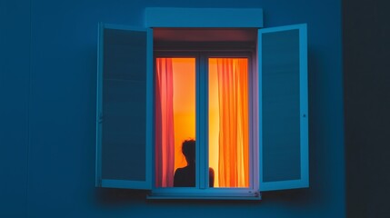 Poster - window illuminated by warm light with silhouette of a person during evening hours