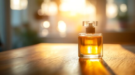Poster - Elegant Glass Perfume Bottle on Wooden Table in Soft Sunset Light