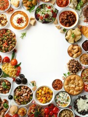 Aufkleber - A vibrant assortment of Italian, Japanese, and Mexican dishes beautifully arranged with ample blank space for text or labels. Generative AI