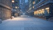 © Jakkarin - Snowy City Serenity: Photorealistic Winter Night Scene with Softly Falling Snowflakes and Warm Streetlight Glow