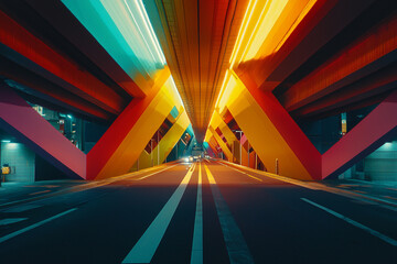 Wall Mural - Vibrant urban underpass illuminated by colorful lights at night