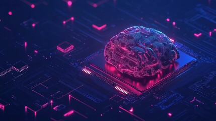 Fototapete - A digital AI chip is integrated into an abstract brain design against a dark blue backdrop, showcasing artificial intelligence. Generative AI