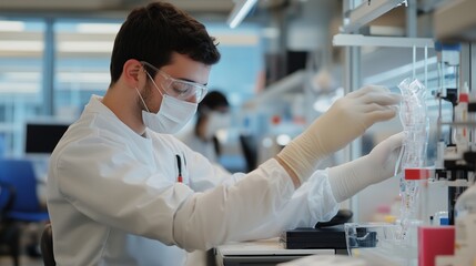 Poster - Young scientist conducts research in a laboratory while wearing protective gear and gloves to ensure safety and accuracy