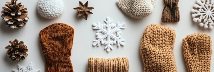 Poster - Winter accessories like gloves and scarves with decorative snowflakes on a white background, perfect for seasonal promotions. Generative AI