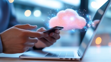 Poster - engaging with digital technology using a smartphone and laptop to access cloud services in a modern 
