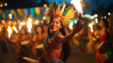 At night at the Ati-Atihan Festival, parade participants carry torches while dancing, their glittering costumes are illuminated by torchlight, Ai generated images