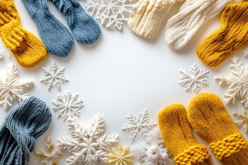 Fototapete - Soft knitted gloves and a scarf are placed around delicate snowflakes, creating a warm winter ambiance with ample space for text. Generative AI
