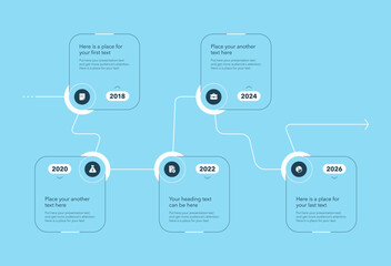 Aufkleber - Timeline infographic template with five steps - blue version. SImple chart design with icons and thin lines for workflow layout, banner or web design.