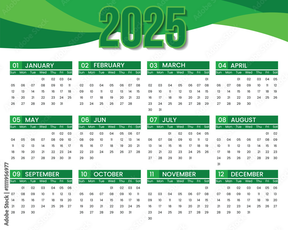 Bright 2025 calendar with bold green header design and month by month