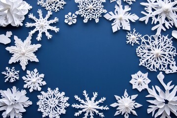 Aufkleber - Unique white paper snowflakes arranged on a blue background, creating a decorative border with space for notes or messages. Generative AI