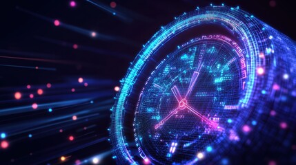 Poster - Digital clock animation with neon effects virtual space motion graphics futuristic design close-up view time concept