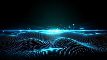 Poster - abstract blue light waves in digital landscape with sparkling particles and glowing dots on dark bac
