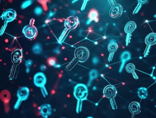 Aufkleber - Blockchain encryption keys floating around a secure network hub side view highlighting impenetrability futuristic tone Tetradic Color Scheme