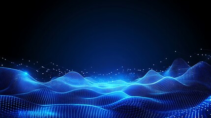 Poster - Abstract Blue Wave with Glowing Particles and Lines in Dark Background for Technology or Data Visualization