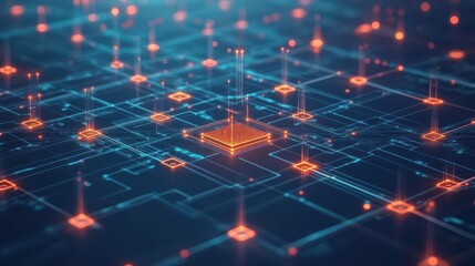 Poster - Blockchain nodes interconnected with a glowing digital firewall top view symbolizing strong network security digital tone Splitcomplementary color scheme