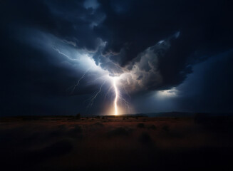 Poster - A powerful lightning bolt illuminates a dark, stormy night sky over a flat, desolate landscape. The dramatic contrast between the bright strike and the inky blackness creates a sense of awe and power.