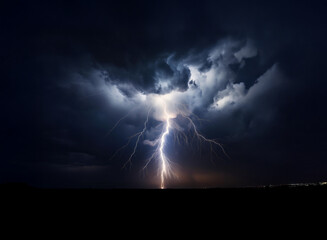 Poster - A powerful lightning bolt illuminates a dark, stormy night sky.  Thick, ominous clouds gather above a flat, dark landscape. The electric discharge is bright and dramatic against the deep blue-black ba