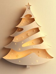 Aufkleber - Creative layered paper Christmas tree features cut-out designs and warm lighting, ideal for festive decorations or greeting card messages. Generative AI