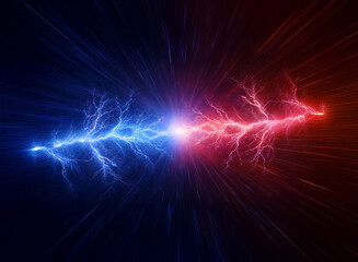 Aufkleber - Clashing energy streams, blue and red lightning bolts collide in a vibrant, dark background.  The opposing forces create a dynamic, powerful visual.
